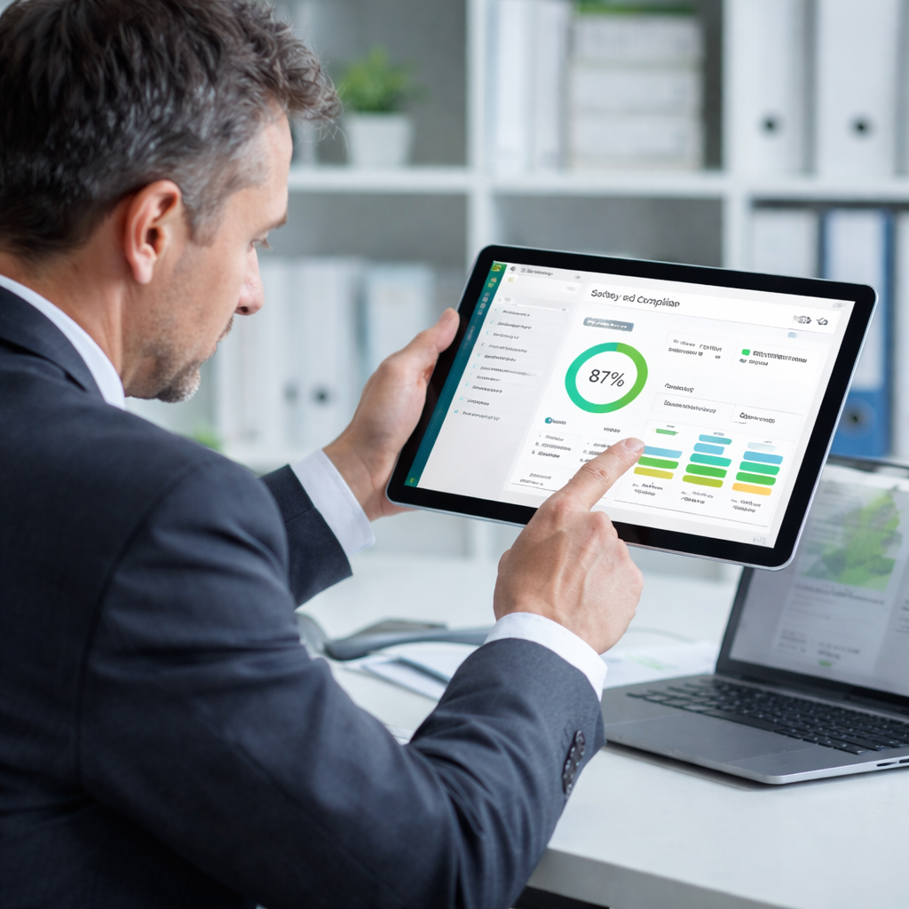 Businessman prüft digitale Compliance-Auswertung Businessman prüft digitale Compliance-Auswertung